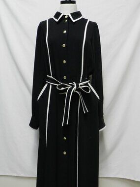 Karen Millen black Long Collared button down Dress belted Pockets Size Sz 14